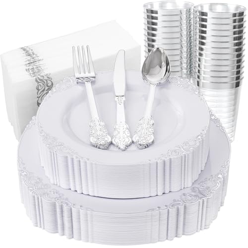 Nervure 175PCS Silver Plastic Plates - White and Silver Disposable Plates for 25 Guests Include 50Plates, 25Cups, 25Forks, 25Knives, 25Spoons, 25Napkins for Wedding & Party - color: White Silver, style: 175Pcs(25Guests)