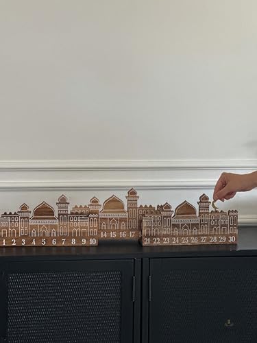 Wooden Ramadan City Countdown Calendar | 30-Day Advent Calendar for Kids & Home | Solid Wood Ramadan Decorations with Gold Metal Moon
