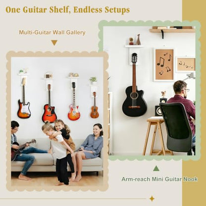 Keebofly Guitar Wall Mount Hangers with Rustic Wood Shelf - 2 Pack, Wall Stand Holder Hook Rack for Acoustic or Electric Guitar,Ukulele,Bass,White,[Patented] - color: 2 Pack_White