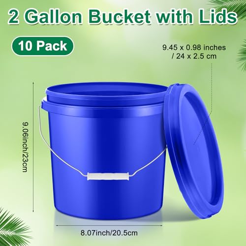 Tioncy 10 Pcs 2 Gallon Plastic Buckets with Lids and Handles,Blue | Storage Pails for Paint, Cleaning, Organizing, Durable Containers, Metal Handles, Plastic Material - color: Blue