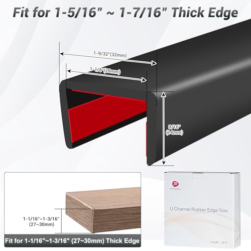 Rubber Edge Trim, 1-1/8 inch (28mm) Wide U Channel Edge Trim, Big Size U Shaped Trim, Self Adhesive Edge Banding for Plywood, Woods, Doors, Shelf, Cabinet, Countertop, Length 20Ft, Black - size: Size1-1/8"(Fit 1-1/16"~1-3/16"), L20'