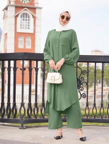 Women's Muslim 2 Pieces Sets Long Sleeve Button Down Shirt and Pants Abaya Casual Dress Dubai Outfits - color: Sage Green, size: Large