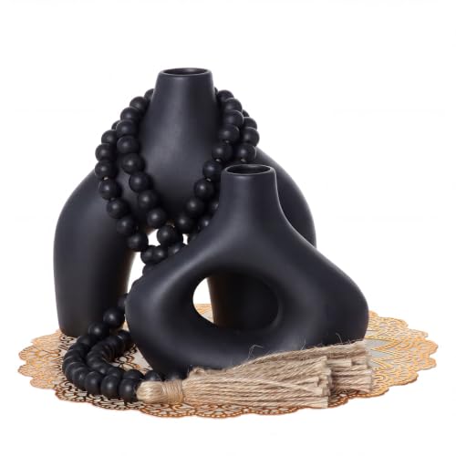 4 Pcs Rustic Country Tabletop Centerpieces Set of 2 Boho Ceramic Flower Vases Wooden Beads Garland and Gold Round Placemats for Farmhouse, Boho Home Coffee Table Decor (Black) - color: Black