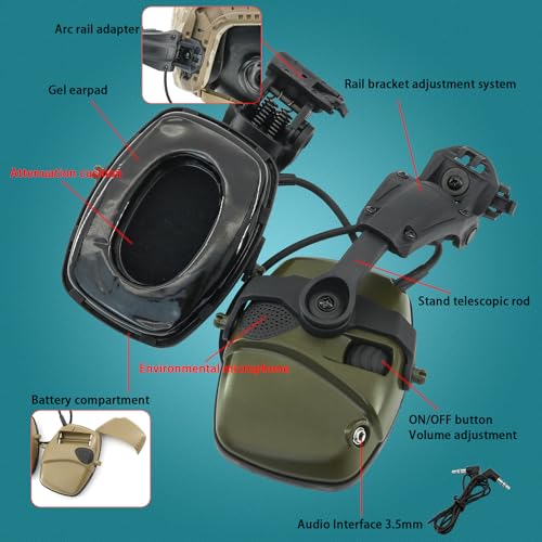 Hearing Protection Noise Cancelling Sound Amplification with Gel Ear Pad/ARC Rail Adapter Ideal for Shooting Sport - color: Army Green