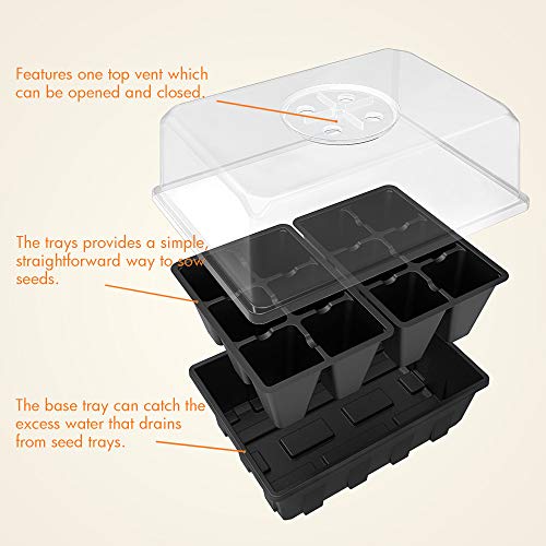 Gardzen 10 Pack Seed Starting Tray, Plant Germination Trays, Seed Starter Kit with Adjustable Humidity Vented Dome, Plant Growing Kit 6.6" x 4.5", Total 120-Cell, Black | Plant Germination Kit with Humidity Control Dome, 6.6"x4.5" Growing Trays for Seedli