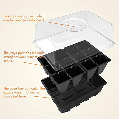 Gardzen 10 Pack Seed Starting Tray, Plant Germination Trays, Seed Starter Kit with Adjustable Humidity Vented Dome, Plant Growing Kit 6.6" x 4.5", Total 120-Cell, Black | Plant Germination Kit with Humidity Control Dome, 6.6"x4.5" Growing Trays for Seedli