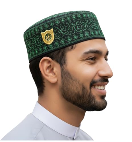 Muslim Kufi Prayer Hat for Men AMN-462 Islam Skull Cap Unique Design Beanie Embroidered Round Topi Headwear Ramadan Eid Gift - color: Bk_green, size: Small