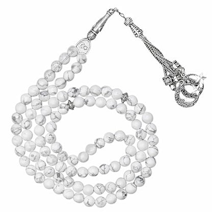 Amazing Gemstone Howlite Tasbeeh with Moon and Star Charm - Certified Crystal Muslim Prayer Beads Natural Gemstone Tasbih Gift for Ramadan Dhikr and Daily Namaz (S) - color: Howlite