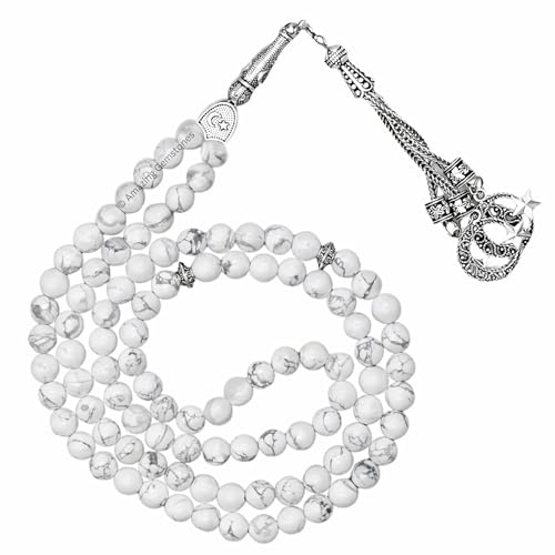 Amazing Gemstone Howlite Tasbeeh with Moon and Star Charm - Certified Crystal Muslim Prayer Beads Natural Gemstone Tasbih Gift for Ramadan Dhikr and Daily Namaz (S) - color: Howlite