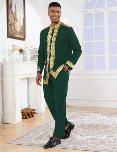 Mens African 2 Piece Set Nigerian Dashiki Metallic Traditional Suit Gold Stamp Printed Shirt and Pants Outfit - color: Dark Green, size: Small