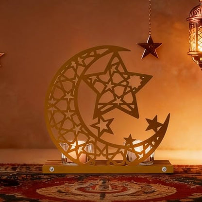Gold Ramadan Decorations for Home, Star and Crescent Moon Silhouette Tealight Candle Holder with 2 Glass Votives, Wooden Tray Eid Mubarak Table Decor Centerpiece, Islamic Ramadan Kareem Gifts