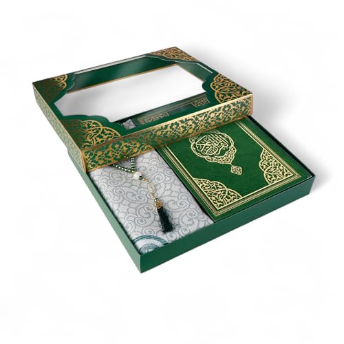 FURKAN Thermo Leather Quran Green, Prayer Rug and Prayer Beads, Zuhre Gift Box - Green - color: Green
