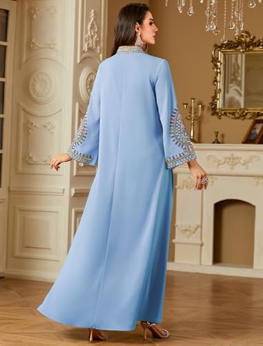 ABEWIP Muslim Dresses for Women Ramadan Kimono Long Sleeve Embroidered Islamic Prayer Dress Turkey Dubai Eid Abaya Kaftan - color: Blue, size: Large