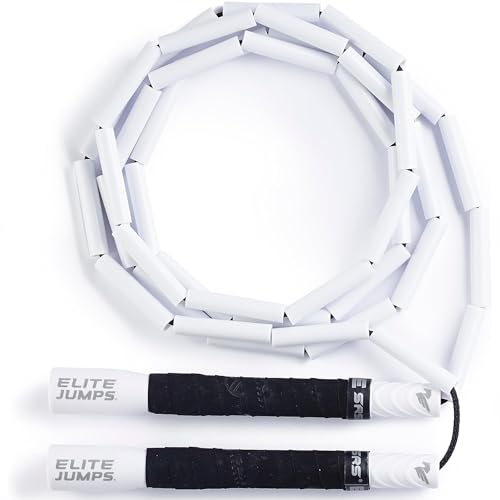 Elite Jumps Heavy Beaded Weighted Jump Rope, 6.5 oz | Heavy resistance beaded rope. Long 8-inch handles, shatterproof 2-inch beads. Adjustable 10 ft. - color: White/Black