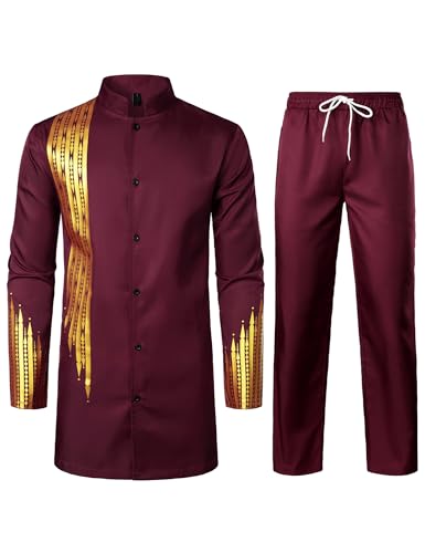 ZEROYAA Men's Kente Print Suit Long Sleeve Button up African Dashiki Shirt and Pants Ethnic 2 Piece Outfit - color: Burgundy Gold Stripe, size: Medium