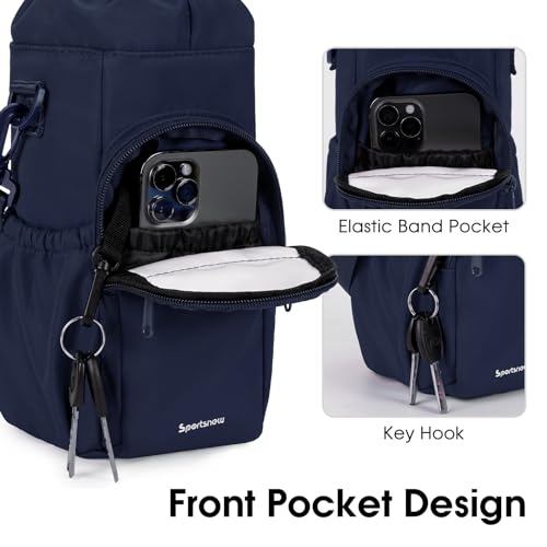 sportsnew 40oz Insulated Crossbody Water Bottle Bag Gym Hiking Phone Pocket | Water-resistant Lining, Padded Strap, Top Handle, Drawstring, Phone Pocket, Elastic Slots, Built-In Key Clip for Gym Walking - color: Navy Blue