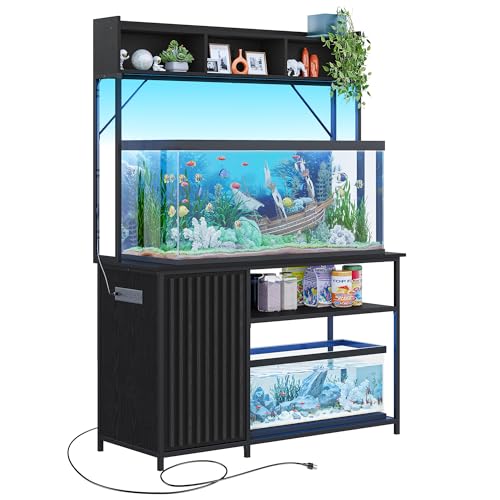 BELLEZE 55-90 Gallon Aquarium Stand with LED Lights, Fluted Cabinet for Fish Tank Accessories Storage, Heavy Duty Metal & Power Outlets, 1200 LBS Capacity, Turtle Tank Reptile Terrarium, Black Ebony
