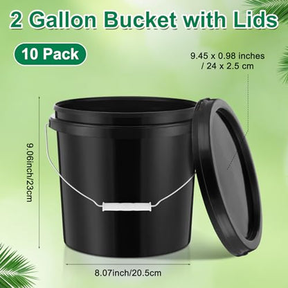 Tioncy 10 Pcs 2 Gallon Plastic Buckets with Lids and Handles,Black | Storage Pails for Paint, Cleaning, Organizing, Durable Containers, Metal Handles, Plastic Material - color: Black