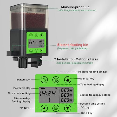 Lychee Automatic Fish Feeder USB Rechargeable 320ML Large Capacity Aquarium Fish Food Dispenser with Two Feeding Ring, Moisture-Proof-Aquarium Electric Timer Feeder for Vacation Business Trips