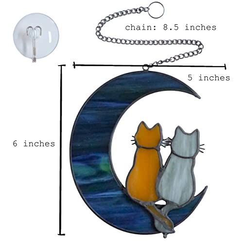 Cat Stained Glass Suncatcher, Cat on Moon Window Hanging Decor - color: Cats and Moon