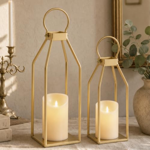Perfnique Modern Farmhouse Lantern Decor, 15'' 12.6'' Set of 2 Gold Metal Lanterns, 2 LED 6hr Timer Flameless Candles ＆ Remote Timer, Lanterns Decorative for Outdoor, Porch, Fireplace, Patio - color: 15inch & 13inch (Gold)