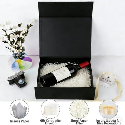 UoeRing 1 Pcs Black Gift Box Large 11.5x8x4 Inch with Magnetic Lid | Collapsible Luxury Present Box,for Birthday,Christmas Holiday Gift Includes Card,Ribbon,Tissue Paper & Shredded Filler - color: 13.5x11.8x4.7 Inch-Black-Pack of 1