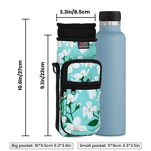 Nuovoware Water Bottle Carrier Bag, 25oz/32oz Bottle Pouch Holder, Adjustable Shoulder Hand Strap 2 Pocket Sling Neoprene Sleeve Sports Water Bottle Accessories for Gym Hiking Travelling, Green Lily | Adjustable Shoulder Hand Strap, 2 Pocket, Neoprene Sle