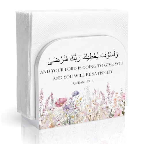 Wildflower Islamic Wood Napkin Holder for Table, Quran 93:5 Arabic Scripture Religious Wooden Standing Napkin Dispenser for Home Kitchen Dining Room Party Cafe Bar Decorations