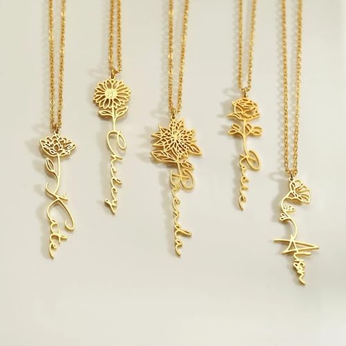 Elemtansy Custom Name Necklace with Birth Flower, Personalized Jewelry Necklaces for Women, 18K Gold Name Plate Necklaces Personalized Mothers Day Birthday Gifts for Women Sister Best Friend - color: 1-Name with Birth flower