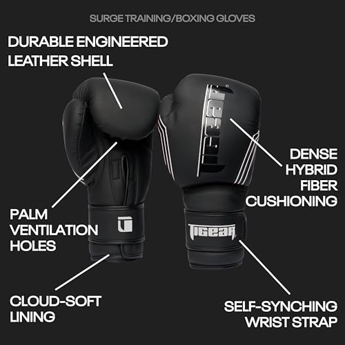 Tigear Surge Pro Boxing Gloves for Men Women & Kids | Engineered Leather Muay Thai Gloves, MMA Gear, Kickboxing Heavy Bag Training and Sparring - color: Black/White, size: 14 oz