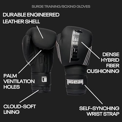 Tigear Surge Pro Boxing Gloves for Men Women & Kids | Engineered Leather Muay Thai Gloves, MMA Gear, Kickboxing Heavy Bag Training and Sparring - color: Black/White, size: 12 oz