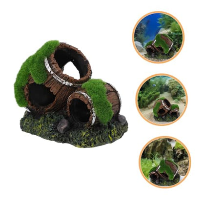 Resin Broken Barrel Aquarium Ornament with Moss Betta Fish Shrimp Hiding House Freshwater Shrimp Cave Fish Tank Decoration for Aquatic Pets