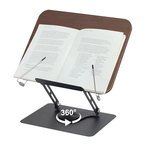 comfoyar Book Stand for Reading, Foldable Textbook Reading Stand with 360° Swivel Base and Elastic Page Clips, Adjustable Desk Cookbook Holder for Recipe Tablet Laptop Music Scores, Hands Free