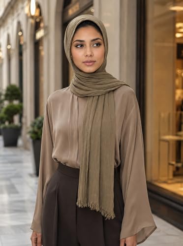 Cotton Linen Plain Hijab Scarf For Women,Muslim Viscose Crinkle Edge With Fringe,Summer Beach Wrap Headwraps Shawl - color: 43#armygreen