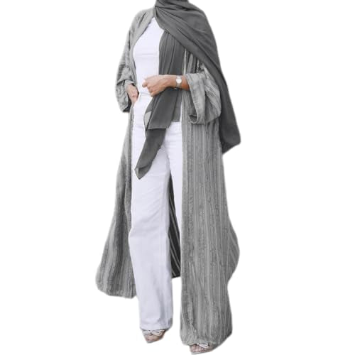 Womens Muslim Kimono Abaya Solid Striped Retro Ethnic Cardigan Robe Dubai Middle Eastern Saudi Arabia Eid Clothes - color: Silver Long Cardigan, size: Medium