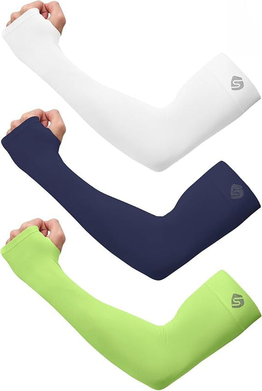 Arm Sleeves for Men Women UV Sun Protection Compression Arm Warmer Tattoo Cover Up, Sports Golf Cooling Sleeves - color: 3 Pairs_white + Navy Blue + Shiny Green