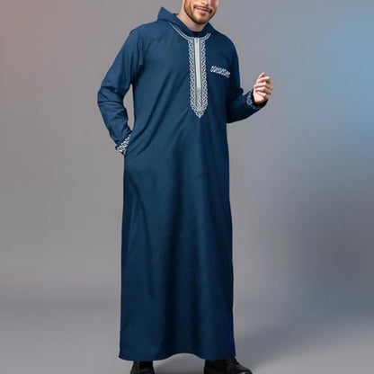 Men's Muslim Middle Arab Casual Long Sleeve Loose Hood Big and Tall Long Gown Dress Muslim Kaftan Thobe - color: Blue, size: X-Large