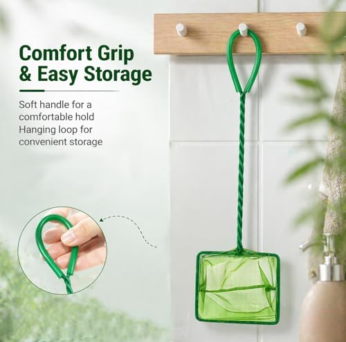 2 Pack Aquarium Fish Net, 4 Inch Fine Mesh Fish Tank Net with Durable Braided Handle, Small Net for Fish, Shrimp, Debris Cleaning in Aquarium, Pond & Pool