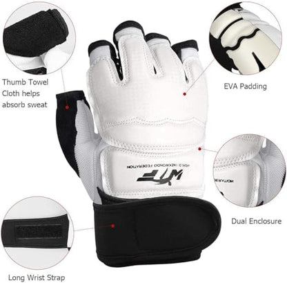 Taekwondo Karate Gloves & Sparring Gear Foot Protector Set, Boxing Sparring Foot Guard and Half-Finger Gloves for Martial Arts TKD Kung Fu Punch Bag Kickboxing MMA Training - size: X-Small