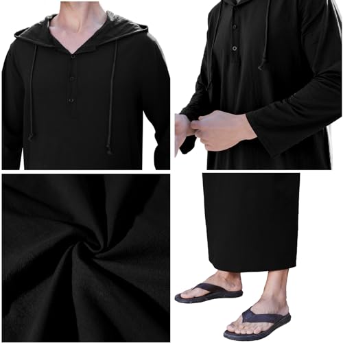 YAOHUOLE Long Sleeve Kaftan Thobe Button down Men Thobe with Pocket Big and Tall Kaftan Muslim Men Thobe - color: Black, size: 3X-Large