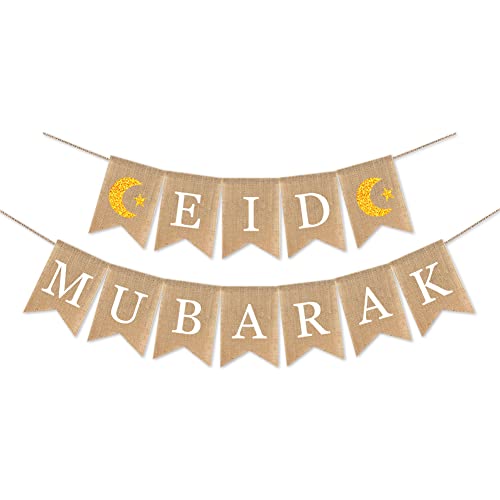 Jute Burlap Eid Mubarak Banner,Muslim Party Supplies for Home Decor Mantel Fireplace,Moon and Star Ramadan Home Mantel Fireplace Decoration (2 piece) - color: 2 piece
