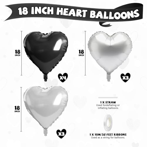 Black Silver Heart Balloons, 10PCS Metallic Foil for Goth Disco Birthday - color: Black Silver