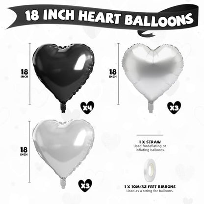 Black Silver Heart Balloons, 10PCS Metallic Foil for Goth Disco Birthday - color: Black Silver