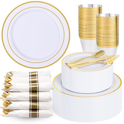 175PCS Disposable Plastic Plates,Gold Plastic Dinnerware Set Includes 25 Dinner Plates, 25 Dessert Plates, 25 Pre Rolled Napkins with Gold Silverware, 25 Cups for Party, Wedding, Birthday - color: White and Gold