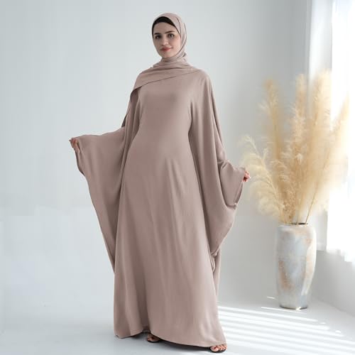 ODIZLI Abayas For Women Muslim Dubai Full Cover Kaftan Shirt Dress Batwing Sleeve Prayer Dress With Hijab - color: Light Gray + Hijab, size: One Size