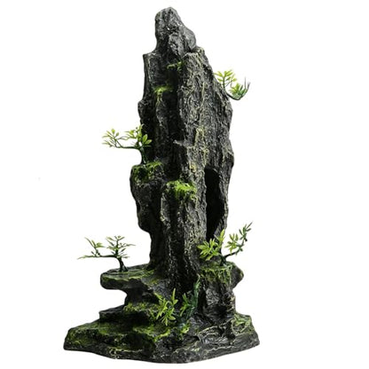 Saim Fish Tank Decorations, 14.4'' Tall Mountain View Stone Aquarium Ornament, Artificial Mountain Hill View Stone Rock Cave Fish Hiding Cave for Betta Amano Shrimp Cichlid to Play,Hide and Rest - A
