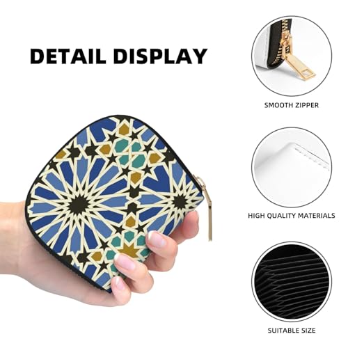 Geometric Islamic Art RFID Blocking Semi Circle Card Holder PU Leather Zipper Wallet Pouch Keychain Bag for Women Men, Slim Small Credit Card Case Organizer with 12 Slots - color: Geometric Islamic Art