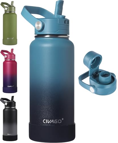 CIVAGO 32 oz Insulated Stainless Steel Water Bottle with Detachable Straw, Large Metal Water Jug with Bucket Handle, Leakproof Sports Water Flask with Silicone Boot, Dishwasher Safe, Indigo Black - color: .Indigo Black, size: 32 Ounces