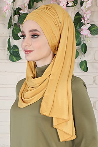Aisha's Design Instant Hijab Scarves for Women, 95% Cotton Pretied Bonnet Turban Easy to Wear Cotton Headscarf - color: Mustard