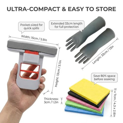 Self Squeezing Mini Mop Foldable Desktop Sponge Sweeper | Sponge Mop with 3 Replacement Heads, Protective Gloves and 5 Kitchen Sponges